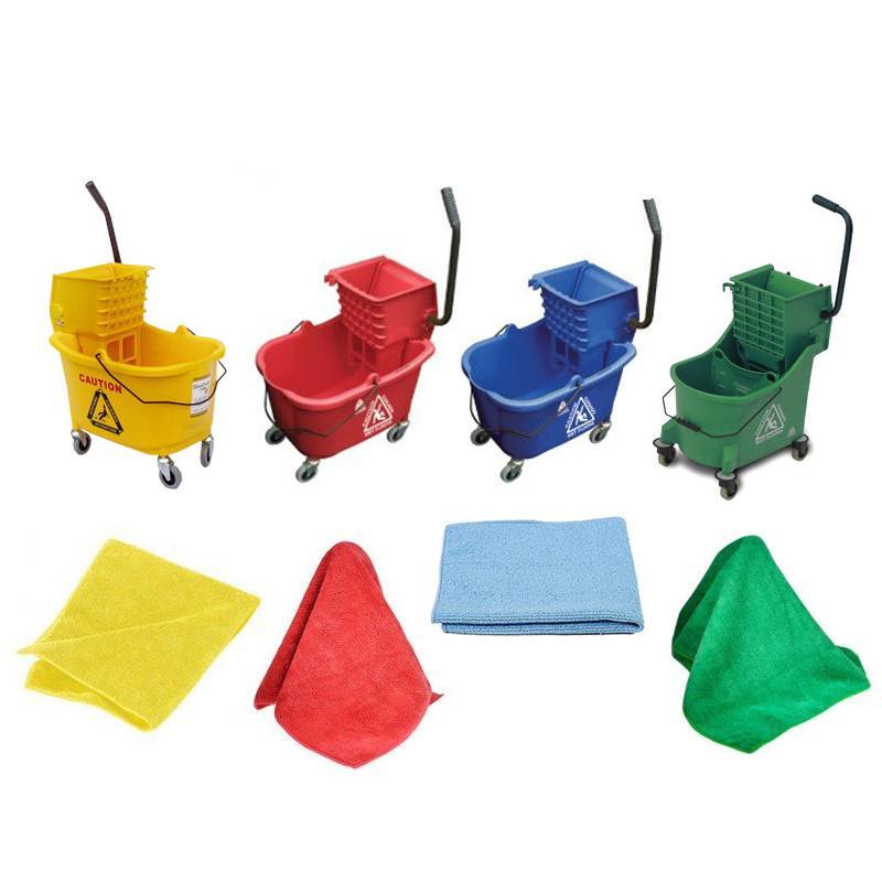 Color Coded Facility Cleaning Package (Mop Buckets & Microfiber Rags)