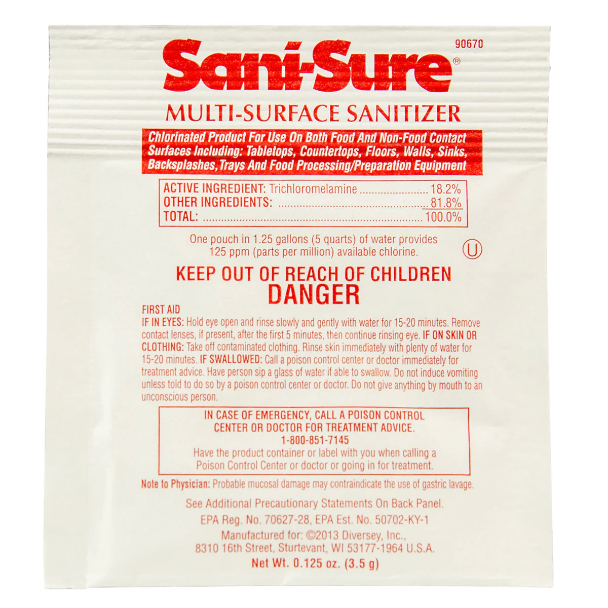 Diversey™ Sani-Sure® Multi-Surface Food Grade Sanitizer (0.125 oz Packets) - Case of 100